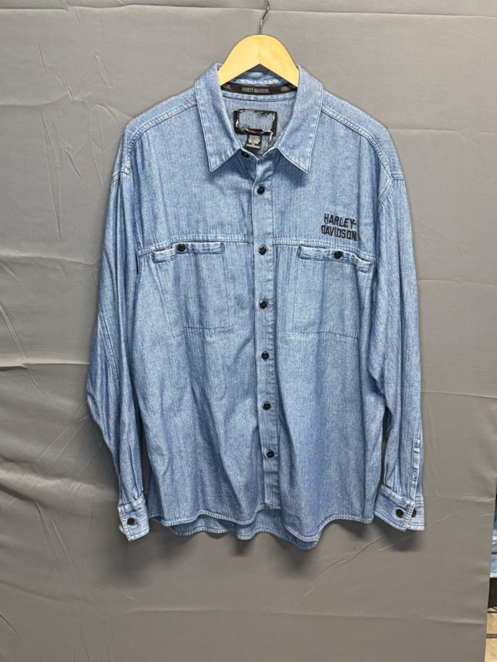 Vintage Harley Davidson Embroidered Denim Shirt XL Blue Herringbone Button Up - Picture 4 of 10